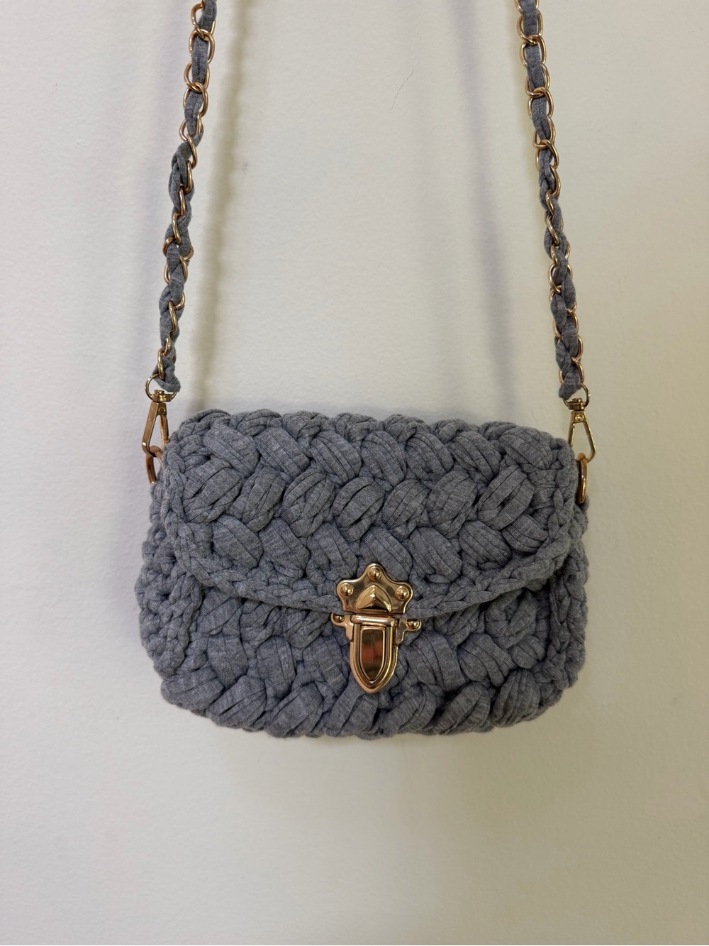 Petal & Pup Grey Crochet Crossbody Bag with Gold Hardware, Never Used